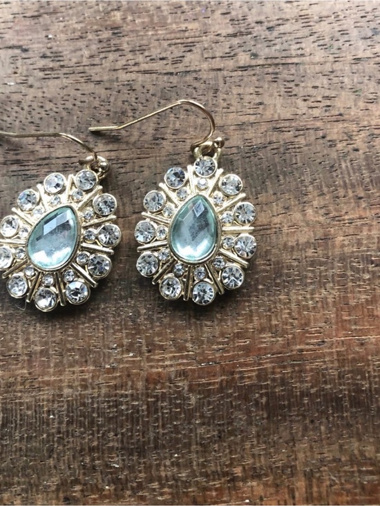 Vintage Jewelry - Gold-Tone Earrings with Light Blue Teardrop and Clear Crystals - Costume Jewelry